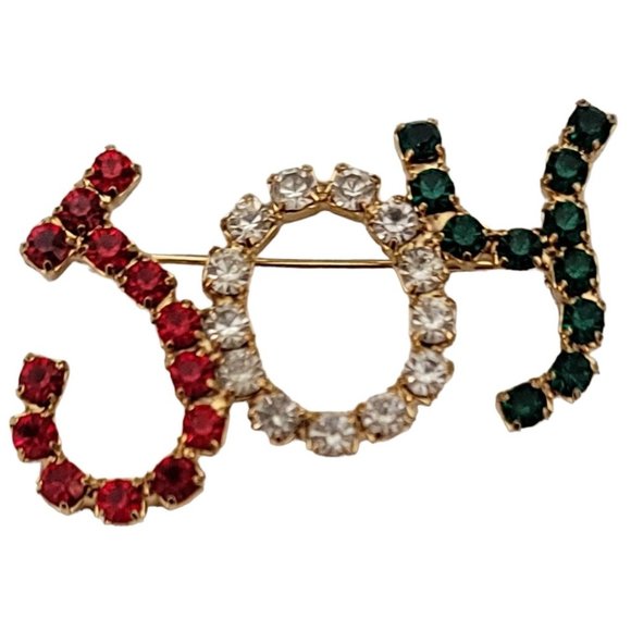 Gold Tone Red Green Clear Prong Rhinestone JOY Brooch Pin K827 - Picture 1 of 7